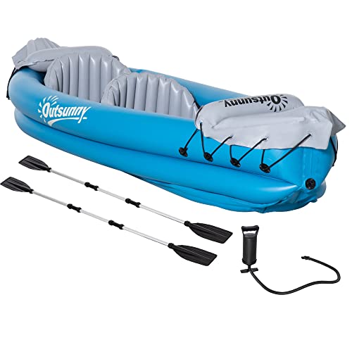 Outsunny Canoa Gonfiabile 2 Posti, Kayak con 2 Remi in Alluminio, Pompa Gonfiaggio e Kit Riparazione, Azzurro