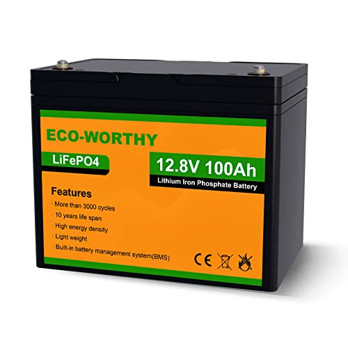 ECO-WORTHY Batteria al litio da 100 Ah 12 V, ricaricabile con energia solare, scarica profonda maggiore di 3000 volte, perfetta per sistemi off-grid/nautici/solari