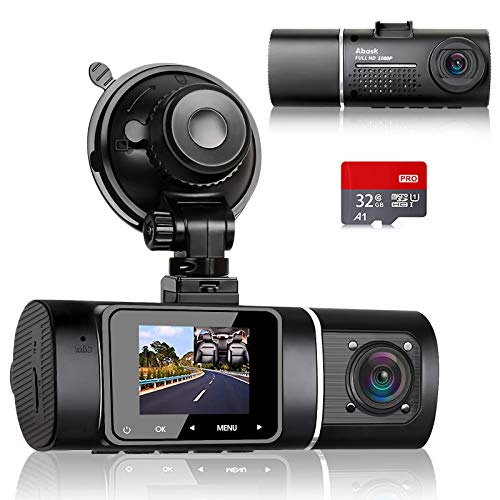 Abask Dash Cam Doppia Telecamera per Auto, Dash Cam con Cabina Cam FHD 1080P Visione Notturna, Grandangolare di 310°, G-Sensor, Registrazione in Loop, Monitor di Parcheggio, Scheda SD da 32 GB inclusa