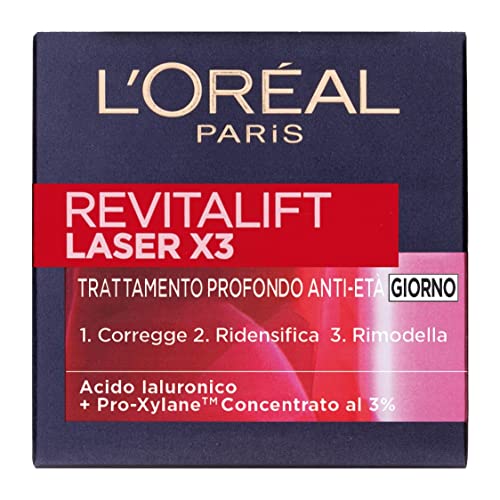 L'Oréal Paris Crema Viso Giorno Revitalift Laser X3, Azione Antirughe Anti-Età con Acido Ialuronico e Pro-Xylane, 50 ml