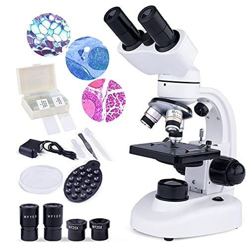 USCAMEL Microscopio composto binoculare LED con ingrandimento 40X-1000X con oculari 10X 25X ad ampio campo, vetrini per microscopio, adattatori per telefono, carta per la pulizia