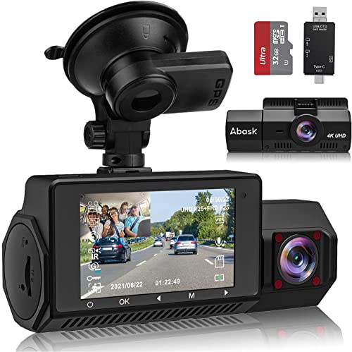 Abask Dash Cam 4K GPS Telecamera per Auto, Grandangolare di 310°, G-Sensor, Registrazione in Loop, Monitor di Parcheggio, Visione Notturna a Infrarossi, WDR, Supercapacitori, Max. 256 GB
