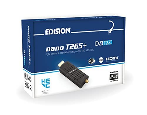 Decoder DVB-T2 HD Dongle EDISION NANO T265+ Ricevitore Digitale Terrestre, Full HD, DVB-T2, H265 HEVC, 10 Bit, FTA, USB, HDMI, Sensore IR, Supporto USB WiFi, Telecomando Universale 2in1, Main 10
