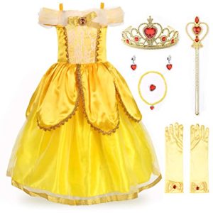 JerrisApparel Costume da Principessa Belle Deluxe Vestito da Festa Fantasia Le Ragazze Si Vestono (3 Anni, Giallo 2 con Accessori)